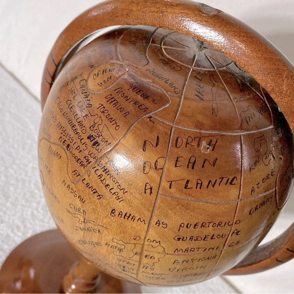 Vintage Haitian Hand Carved Wood Globe - Picture 8 of 12